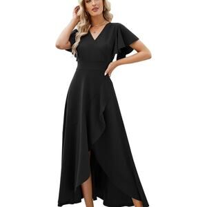 ZZV Womens Long Black Formal Dress Evening Party Gown Split V Neck Large
